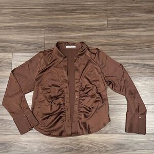 Abercrombie & Fitch Satin Button-Up Blouse in Chocolate Brown